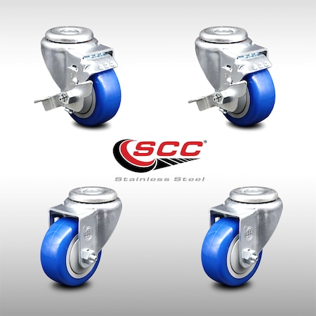 Service Caster 3.5 Inch SS Blue Polyurethane Wheel Swivel Bolt Hole Caster Set with 2 Brake SCC-SSBH20S3514-PPUB-BLUE-TLB-2-S-2